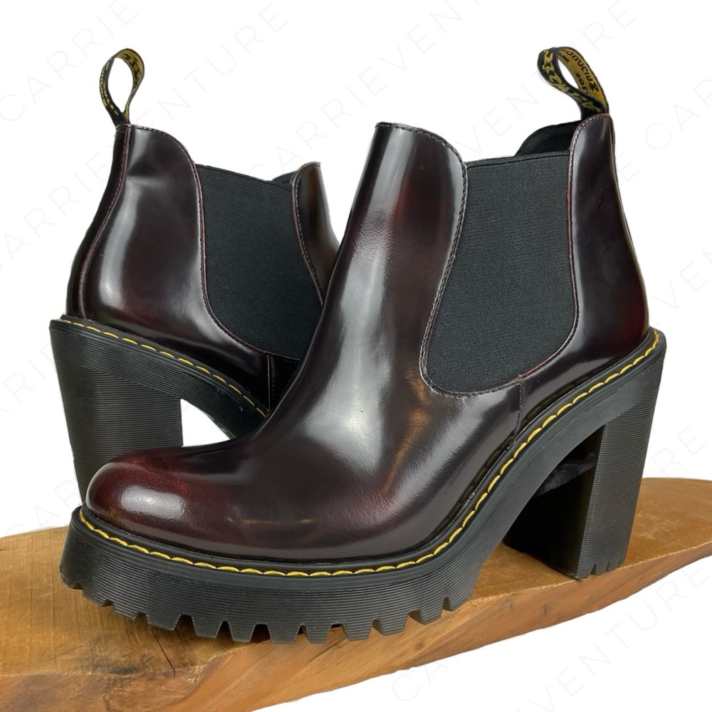 Dr. Martens Hurston Cherry Red Black Arcadia Leather Chunky Heeled Chelsea Boot